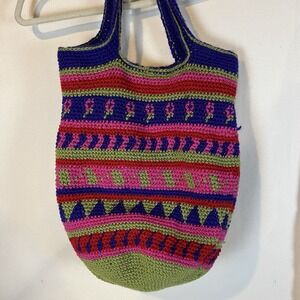 Hand Crocheted Purse Shoulder Bag Purple Pink Green Red Lined Well Made Boho